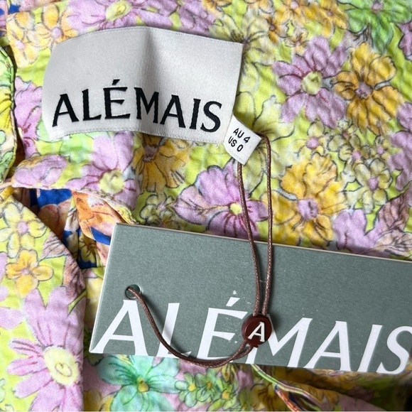 NWT ALEMAIS Daisy Spliced Puff Short Sleeve Cutout Open Back Ruffle Hem Dress 0 - Picture 13 of 16